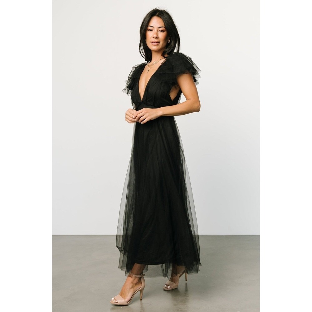 Baltic Born NWOT Anabella Tulle Dress Black Maxi Ruffle Sleeve Party Evening M - Picture 2 of 12